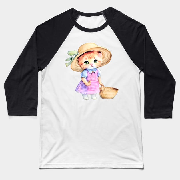 Cute kitten in pink gingham dress and straw hat children’s illustration I Baseball T-Shirt by SophieClimaArt